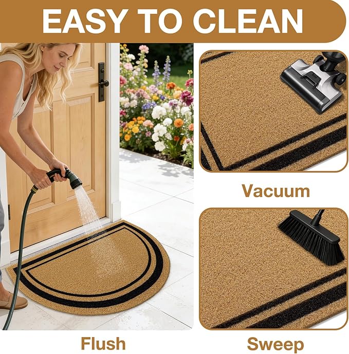 OLANLY Half Circle Front Door Mat, Low Profile Doormat, Stain and Fade Resistant, Easy to Clean, for Indoor and Outdoor Entrances, Patio Porch or Entryway, Brown (35x23 Inch, Classic Border)