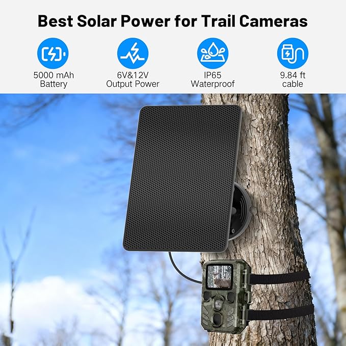 Trail Camera Solar Panel, Built-in 5000mAh Rechargeable Battery Solar Panel for Trail Camera- Type C/5V DC/6V for Continuous Charging of Hunting Cameras, IP66 Waterproof Solar Charger for Outdoor Use