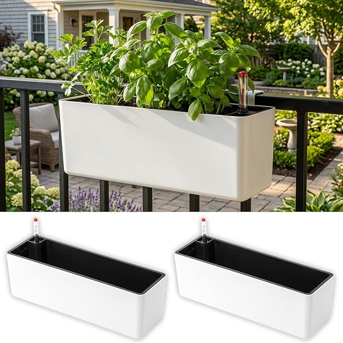 LaLaGreen Balcony Flower Boxes Over the Rail (16 Inch, 2 Pack) White Rectangular Self-Watering Railing Planters with Metal Brackets, Plastic Window Box for Outdoor Plants Herbs Deck Fence Garden