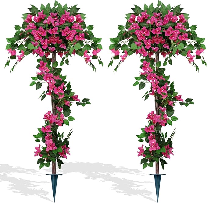 2Pack 5FT Artificial Bougainvillea Topiary Trees for Outdoor, Fake Silk Flowers Plants Bushes with Ground Spike, Faux UV Resistant Shurbs Trees for Outside,Front Porch,Patio,Balcony Decor