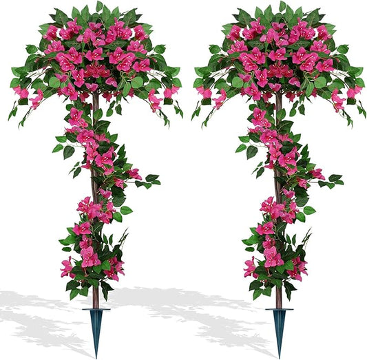 2Pack 5FT Artificial Bougainvillea Topiary Trees for Outdoor, Fake Silk Flowers Plants Bushes with Ground Spike, Faux UV Resistant Shurbs Trees for Outside,Front Porch,Patio,Balcony Decor