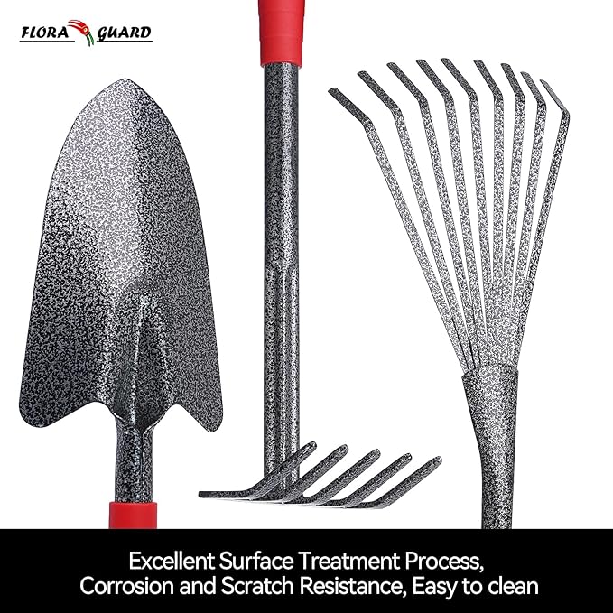 FLORA GUARD 6-Piece Garden Tool Set, Heavy Duty Gardening Hand Tools,Includes Trowel, Rake, 2-in-1 Hoe & Crack Weeder, Durable Yard Gardening Tools, Ideal Gardening Gift for Men & Women