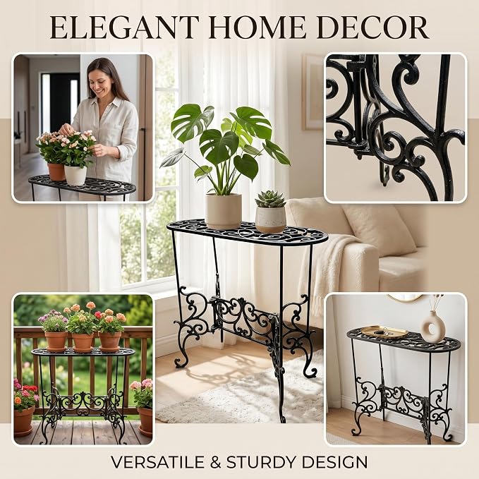 Vintage Scrollwork Cast Iron Plant Stand, 22.6 x 9.3 x 22 Inch, Heavy-Duty Oval Top, Indoor Outdoor Use (22.3" Tall Rectangle Pattern)