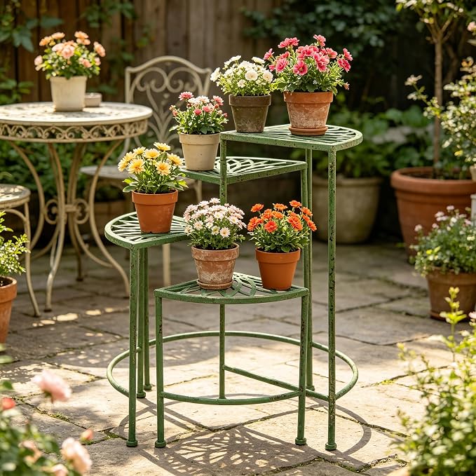 Rustic 4 - Tier Metal Plant Stand - Foldable Distressed Green Corner Plant Rack, Vintage Flower Pot Holder Shelves for Patio Porch Garden Balcony Living Room Use, Indoor/Outdoor Home Decor (Green)