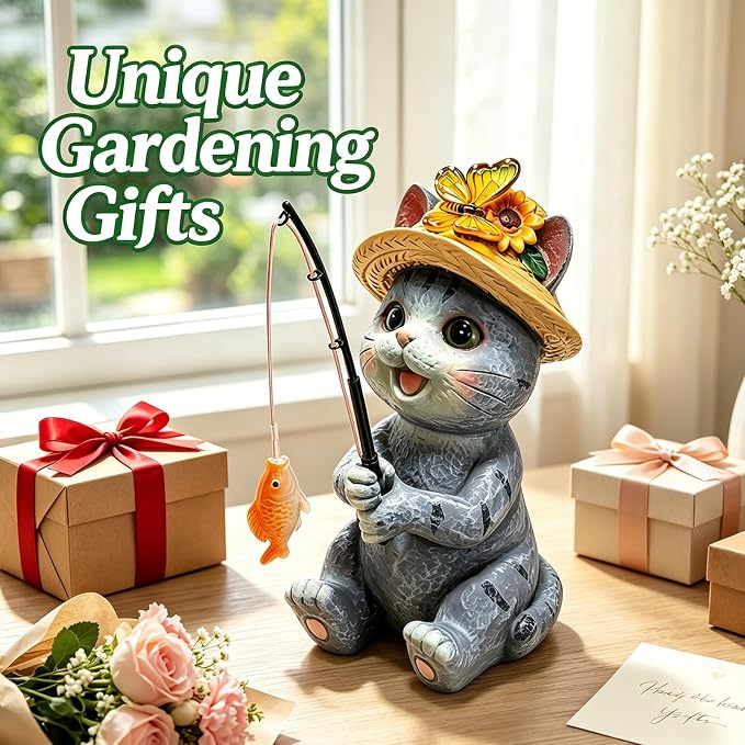 Solar Garden Cat Statues, Outdoor Fishing Cat with Butterfly Solar Lights Waterproof, Birthday Gifts for Cat Lovers Mom Women, Garden Figurines for Yard Decor Patio Porch Lawn Ornaments
