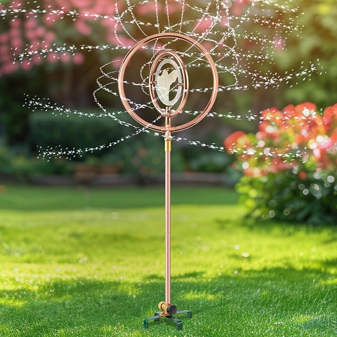 34" H Copper Coated Stainless Steel Ornamental Sprinkler, Corrosion Resistant Garden Rotating Sprinkler 360 Degree Shape Decorative for Lawn Garden Landscape(Double Ring Clear Bird)