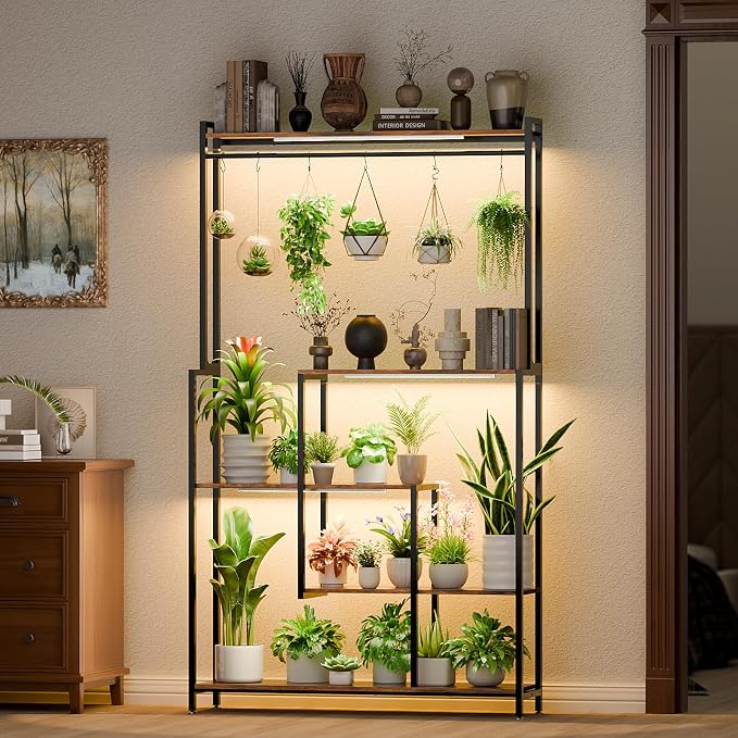 MJOMKN Large Plant Stand Indoor with Grow Light , 72" Tall Metal Plant Shelf, 5 Tiers 12 Pots Holder, Heavy-Duty Rectangle Display Rack for Living Room, Patio, Corner