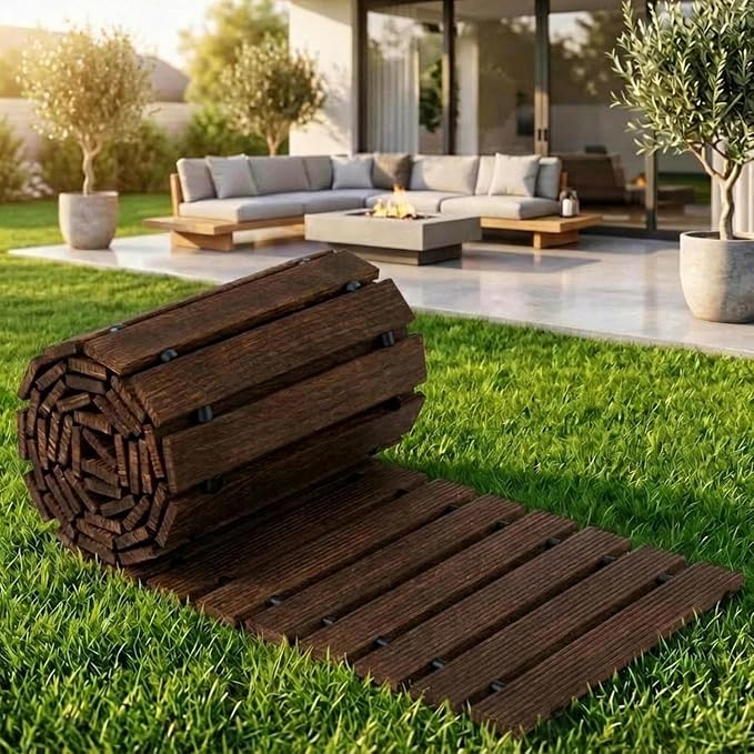 Wooden Garden Pathway Outdoor Walkway - 12 FT Roll Out Outdoor Pathway with Ground Stakes, Boardwalk Pavers for Outside Walkway, Non-Slip Garden Path for Backyard Decor, Lawn Landscaping, Brown