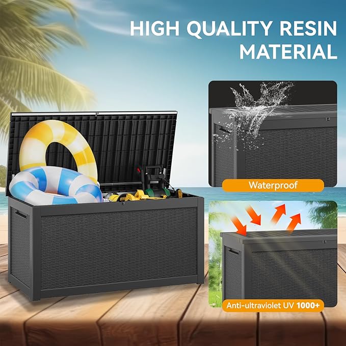 KAMABOKO 280 Gallon Outdoor Storage Box, Resin Deck Boxes Indoor and outdoor, Waterproof Storage Box Lockable Lid for Garden Tools, Package Delivery, Patio Cushions, Black