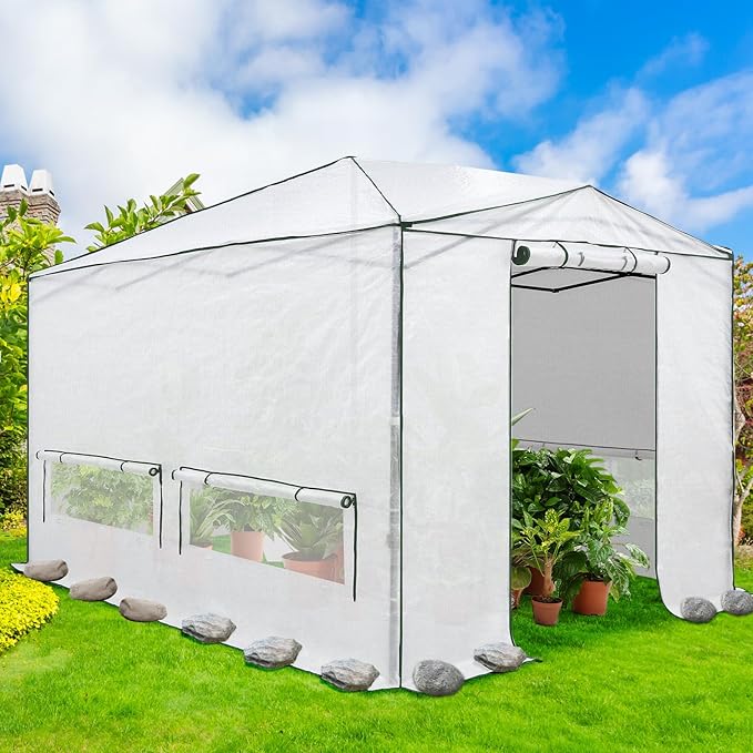 EAGLE PEAK 12x8 Portable Walk in Greenhouse, Pop Up Indoor Outdoor Greenhouse, Green House Kit with Zippered Roll-Up Doors, Windows + Support Pole, Woven Cover, Translucent