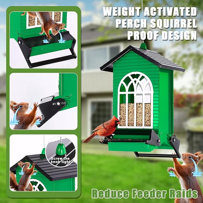 Gbekery Squirrel Proof Bird Feeder for Outdoors,5LB Large Capacity,Metal Wild Bird Seed Feeder with Bilateral Weight-Activated Perches for Outside Hanging,Garden Decoration,Green
