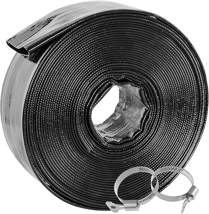 Poolvio Backwash Hose 2" x 100 ft, Heavy-Duty Lay-Flat Reinforced PVC Discharge Hose with 2 Stainless Steel Thumb Screw Clamps, Leak-Resistant for Inground & Above-Ground Pool Filters