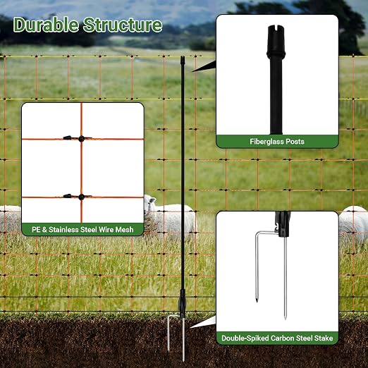 Electric Fence Netting 42.5" H x 164'L | with Posts and Double-Spiked Stakes, Portable Livestock Nets for Backyards, Homesteads, Gardens, Farms, and Ranches