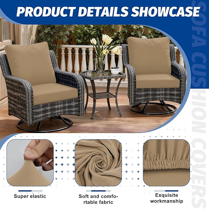 Patio Stretch Cushion Covers, Outdoor Sofa slipcovers for Patio Furniture Cushion Covers, Washable Reusable Furniture Protector (4PCS, Khaki)