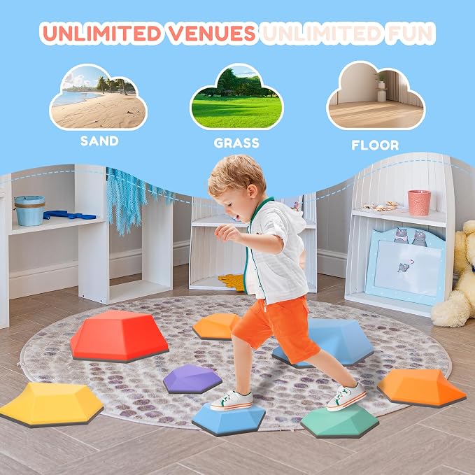 Kids Stepping Stones – 8 Piece Balance Blocks Set for Toddlers, Multicolor Balance Beam Path for Obstacle Course Play, Promotes Coordination & Motor Skills