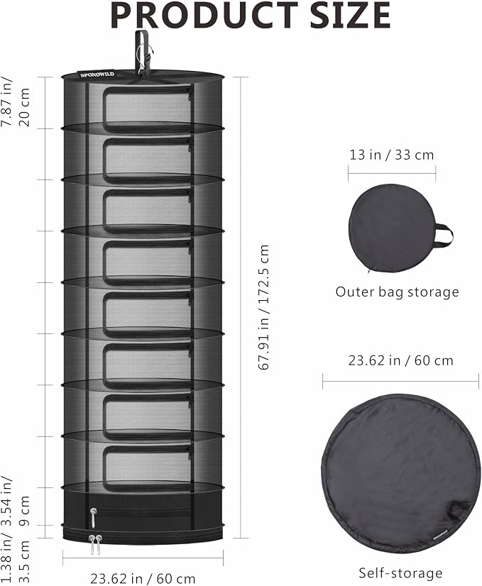 Herb Drying Rack Hanging Mesh, Large 9 Layer Plant Drying Rack with Door Type Zipper & Closed Storage Compartment for Folding Basket Dryer Fiting in Grow Tents, Garden Outdoor