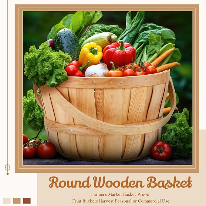 Marsui 10 Pcs Large Wooden Apple Basket 11 x 6.5'' Wicker Fruit Bushel Baskets with Handle for Garden Storage Organizing Farmers Personal or Commercial Use