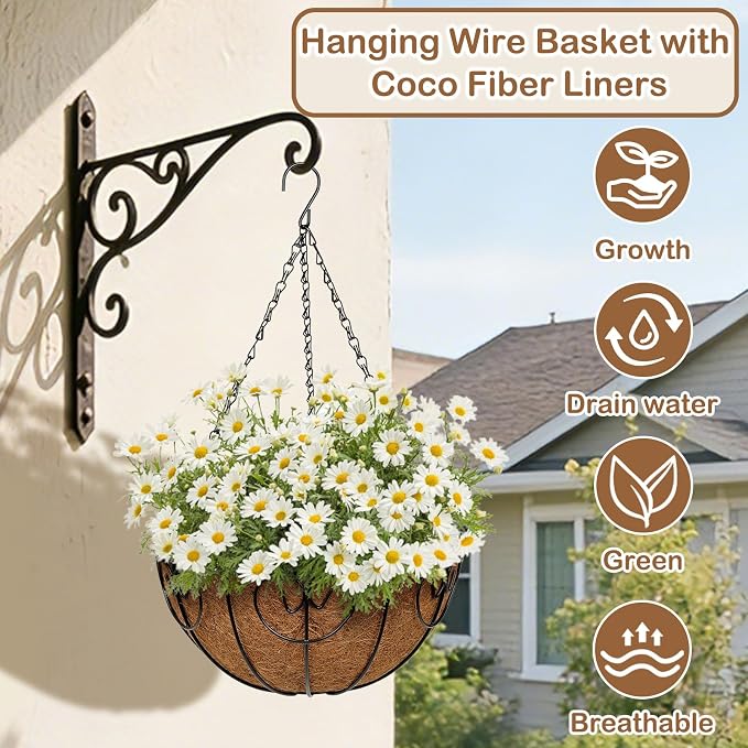 12 inch Metal Hanging Baskets for Plants Outdoor, 2 Pack Metal Wire Hanging Basket Planter with Coco Liner Flower Pots for Indoor Outdoor Garden Porch Patio, Heart-Shaped