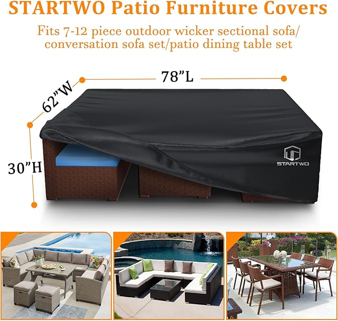 STARTWO Patio Furniture Covers Waterproof,Heavy Duty Outdoor Furniture Cover for Sectional Sofa Table Chairs, Anti-UV Tear-Resistant 78"Lx62"Wx30"H, Black