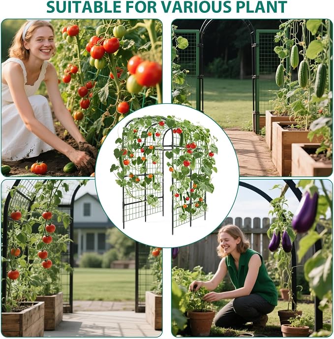 Garden Arch Trellis for Raised Beds, 7.3 FT Metal Cucumber Trellis with Plastic Connectors, u-Shape Plant Support for Climbing Vegetables & Flowers, Weather-Resistant Black