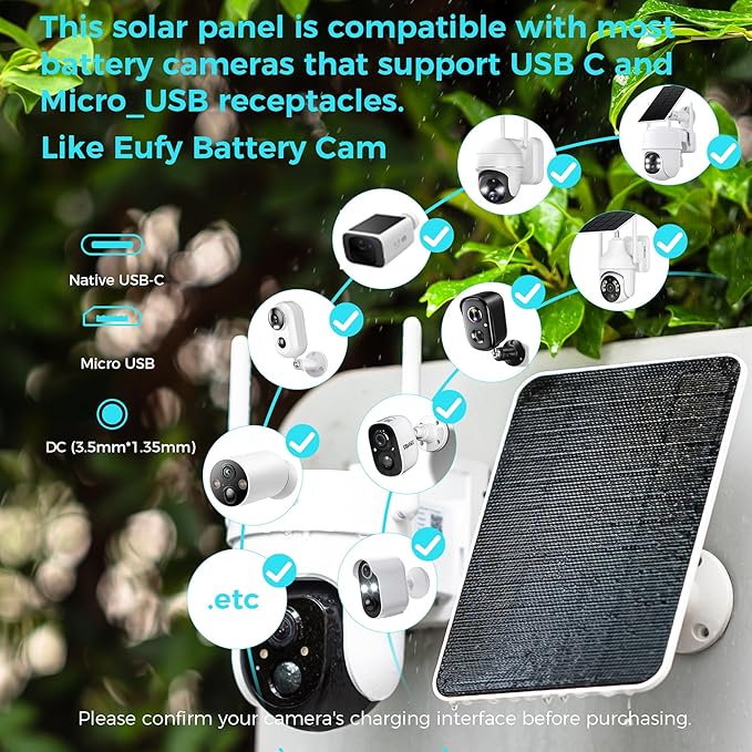 5V Solar Panel for Seucrity Cameres, for Bird Feeder Trail Cam, Ring Tapo Eufy Vicohome Eseecloud, Native USB-C, Micro-USB & DC 3.5mm*1.35mm 9.8 Ft Cable 23% Energy Conversion 180 Days Care Plan