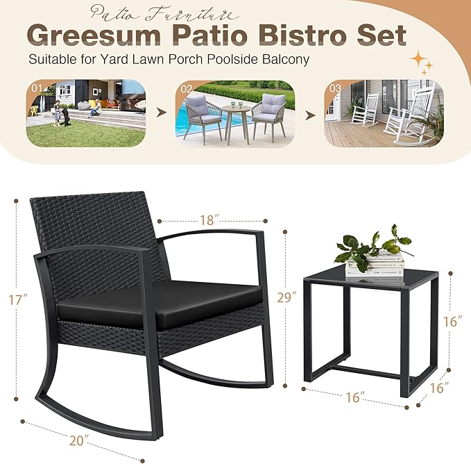 Greesum 3 Pieces Outdoor Furniture Set Patio Bistro Rocking Chairs with Glass Coffee Table for Pool Beach Backyard Balcony Porch Deck Garden, Dark Black