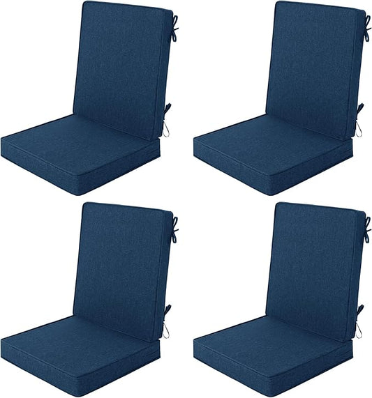 Outdoor Chair Cushions 20x20, Water-Resistant & Fade-Resistant, Patio Furniture Lawn Dining Chair Seat Replacement with High Back, Ties Zipper, Removable Cover, Set of 4, Navy Blue