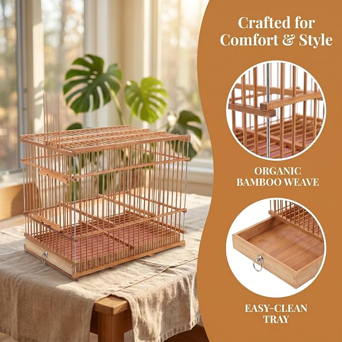 Totority Bamboo Woven Small Bird Cage - Portable Lightweight Travel Carrier for Finch, Canary & Parakeet - Handmade Vintage-Style Pet House for Outdoor & Indoor Use - Light Brown,11. 6" X 9. 4" X 7.