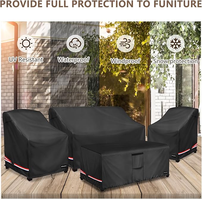 Rileytee Patio Furniture Set Covers, 4 Pcs 600D Heavy Duty 100% Waterproof Outdoor Furniture Cover, Fit Patio Loveseat, Chair and Coffee Table (Black,Large)