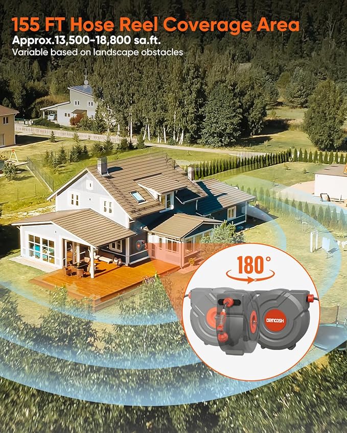 Retractable Garden Hose 155 ft x 1/2 inch Heavy Duty Wall-Mounted Hose Reels 180° Swivel Automatic Slow Return Any Length Lock 9 Pattern Nozzle UV Resistant