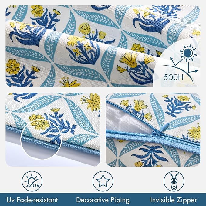 ANRODUO Floral Outdoor Pillow Covers 18x18 Waterproof Set of 2 Block Print Accent Decorative Cushion Cases with Refined Edge Piping for Spring Patio Porch Garden Couch Sofa Bench Decor Yellow