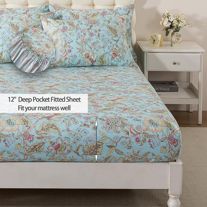 FADFAY Twin XL Sheets 4Pcs Blue Floral College Bedding 100% Egyptian Cotton Dorm Room Bedding, Soft Cooling Breathable Dorm Sheets Extra Long with Deep Pocket Luxury Hotel Quality for All Seasons
