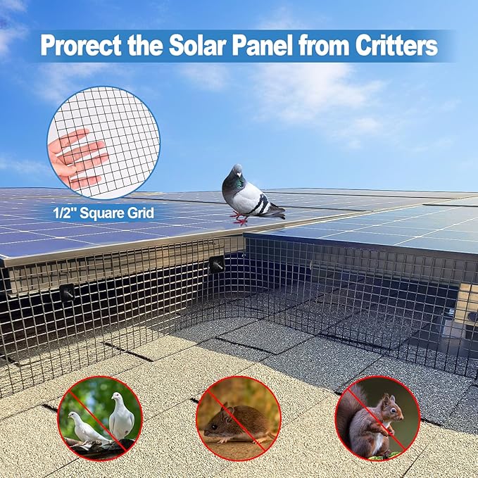 INCIKITI Solar Panel Bird Guard 6in x 50ft PVC Coated Solar Panel Bird Guard Mesh 1/2" Critter Guard with 50 Fastener Clips, 20 Tie Wire, Cutting Scissor, Gloves