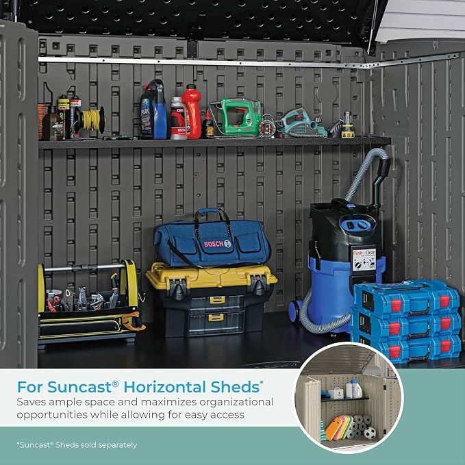 Suncast 2 Pack Horizontal/XL Vertical Shed Shelf Kit, Space Saving Shelving Wall Mount Outdoor Storage Structures, 50" W x 10.25" D x 1.25" H, Black