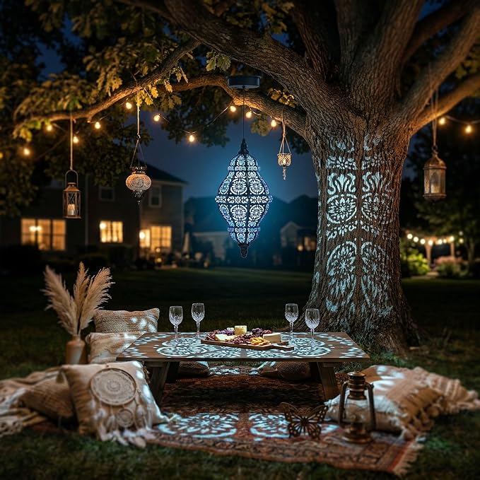 Twinkya 2 Pack Hanging Solar Lights Outdoor Garden Decor, Waterproof Plastic Moroccan Solar Powered Lantern Lamp, Outside Decorations for Patio Yard Porch Backyard Decor, Gardening Gifts for Women Mom