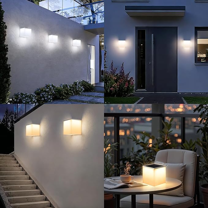 Flacchi Solar Wall Lights 2 Pack - 32 LED Dual-Color (Warm White/Cool White) Solar Cube Light Outdoor Wall/Table Lamp Waterproof Solar Powered Lighting for Patio Garden Balcony