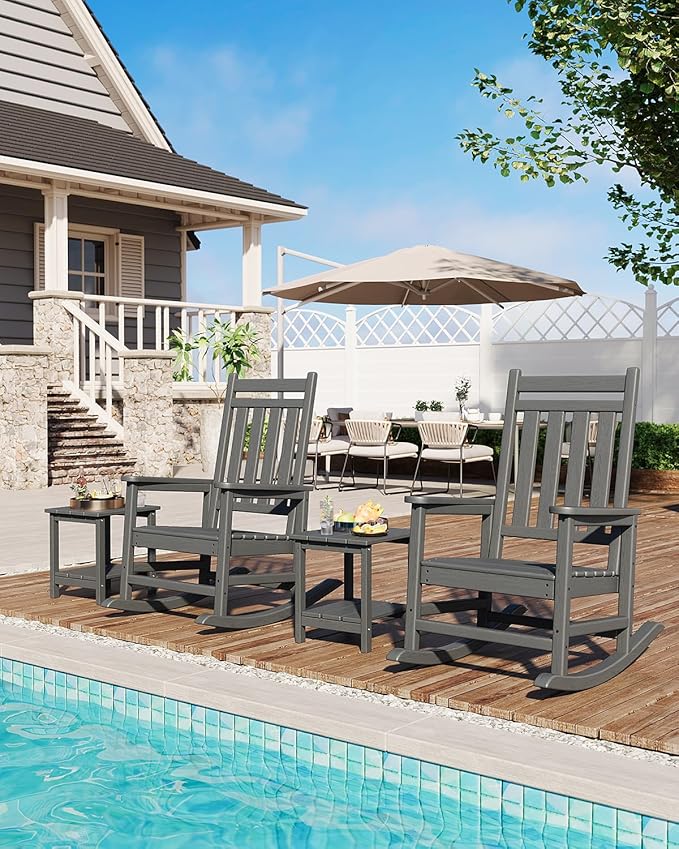 GarveeLife Poly Lumber Rocking Chair Outdoor Set of 6- HDPE High Back Porch Rocker Chairs for Adults - All Weather Resistant Furniture for Patio - Gray