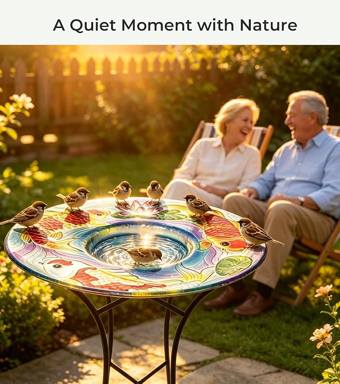 Bird Bath with Stand for Outside, Fits Solar Fountain Pump, Glass Birdbath Bowl for Garden Yard, Koi Design, Decorative Indoor Outdoor, Easy Clean, 21" H