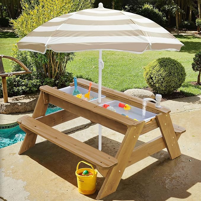 Kids 3-in-1 Sand & Water Table, Wood Outdoor Convertible Picnic Table w/Umbrella, 2 Trays, Removable Top with Faucet, Picnic Table for Outdoor Playset (Natural/Brown)