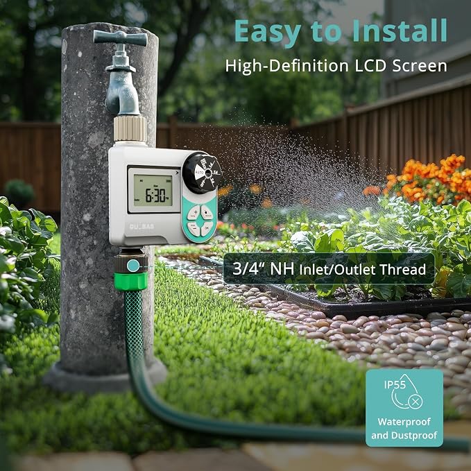 QUOBAS Sprinkler Timer, Weekly Programmable Water Hose Timer for Garden Hose Faucet with Waterproof HD Screen, Rain Delay/Manual/Automatic Irrigation Watering System for Garden, Lawn, Yard