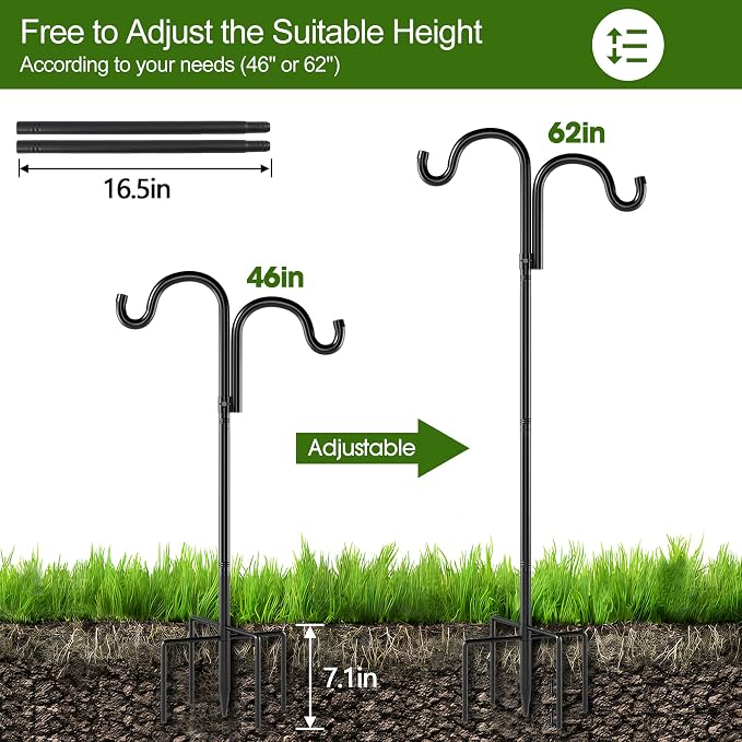 Double Shepherds Hooks for Outdoor, 60" Heavy Duty Bird Feeder Pole with 5 Prong Base, Adjustable Shepherds Hook for Bird feeders Outside, Garden, Weddings, Hanging Plants, 2 Pack, Black