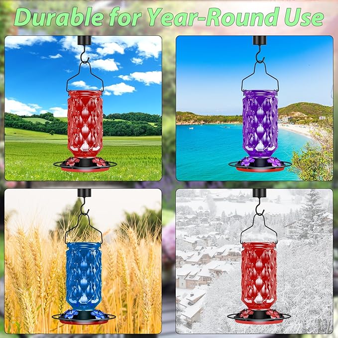 24OZ Glass Hummingbird Feeders for Outdoors Hanging,Five Feeding Ports with Perch, Leak Proof for Gardens Decor Backyard, Bird Feeder for Outside, Birthday Gifts for Women Men, Gifts for Mom Dad