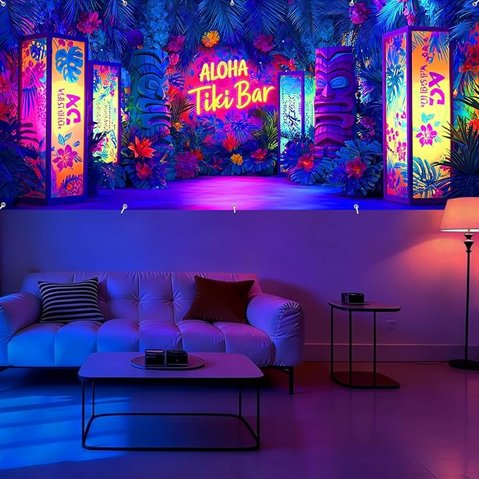 7 * 16FT Summer ALOHA & Tiki Bar Garage Door Cover Decorations Sunset Palm Trees Garage Door Banner for Outdoor Indoor Summer Party Photography Backdrop