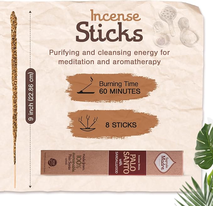 Sagrada Madre 8pcs Wildly Harvested Thick Palo Santo Incense Sticks (Sandalwood), 9” Long - Eco Friendly, Non-Toxic, Aromatic Incense Sticks (1hr Burning Time) to Heal & Calm Your Body and Environment