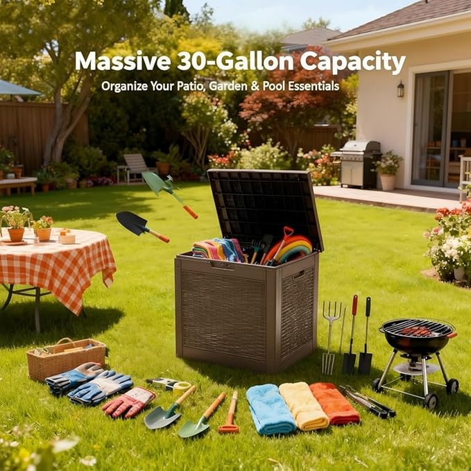 30 Gallon Resin Deck Box with Lockable Lid, Outdoor Storage for Patio Furniture Cushions, Garden Tools, Pool Accessories, All-Weather Waterproof Design