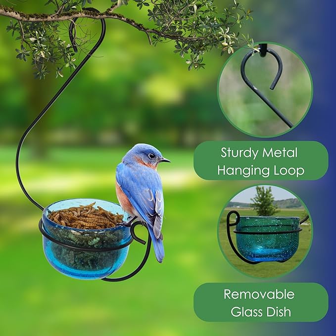 Bluebird Mealworm Feeder - Sparkling Blue Glass Bowl with Decorative Hanging Hook - Removable Cup for Easy Cleaning - Dried or Live Mealworm Feeder for Bluebirds Outdoors