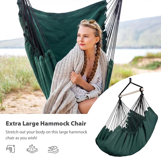 SUNCREAT Hammock Chair Hanging Rope Swing Seat-Max 450lbs Capacity, Extra Large Hanging Swing with Metal Support Bar, Side Pocket, Green