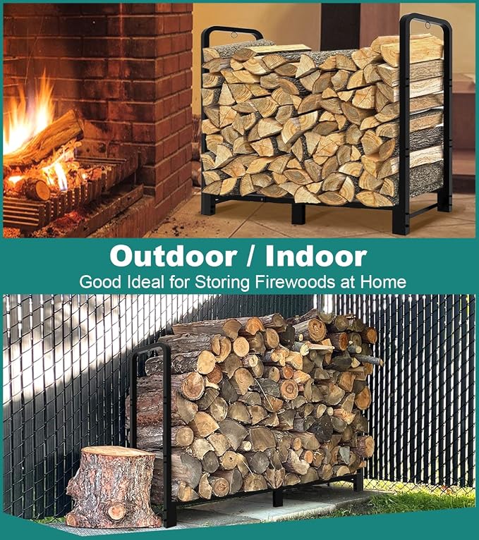 4Ft Firewood Rack Adjustable Fireplace Wood Holder for Outdoor Indoor Storage Log - Heavy Duty Fire Log Lumber Stand Stacker, Black