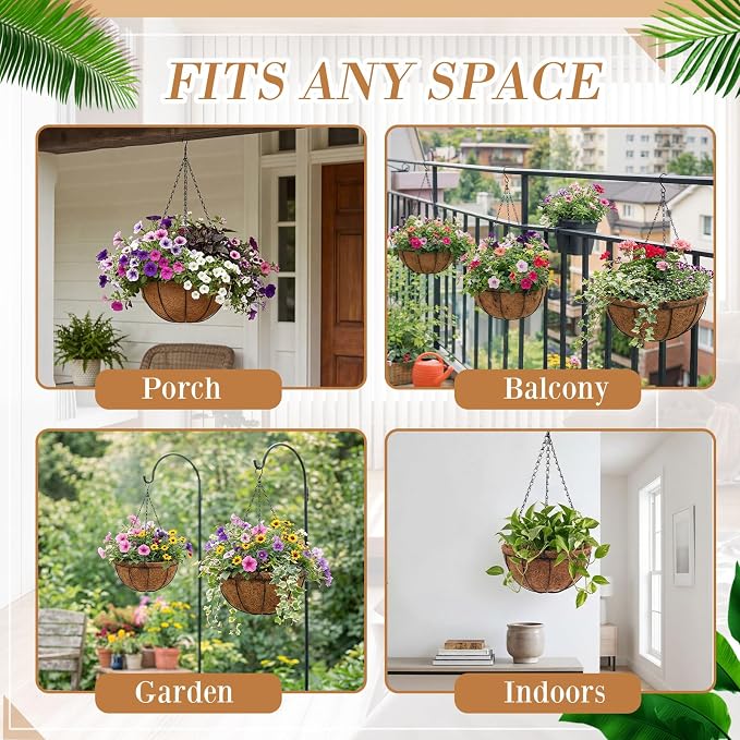 Dandat 16 Pack 10 Inch Metal Hanging Planter Basket with Coconut Coir Liner Metal Wire Plant Holder Chain Watering Outdoor Hanging Pots Flower Pot Hanger for Porch Indoor Outdoor Garden Decorations