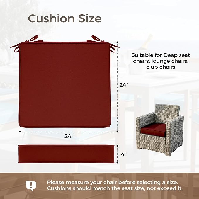 UNIKOME Outdoor Chair Cushions Set of 4, Water Resistant Patio Seat Cushions with Ties for Outdoor Furniture, High-Density Foam, UV & Fade Resistant, Piped Edge – 24" x 24" x 4", Wine Red